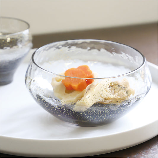 Toyo Sasaki Yachiyo Kiln handmade Edo Glass round cup in Rikyu-nezumi grey with gold leaf accents, Made in Japan