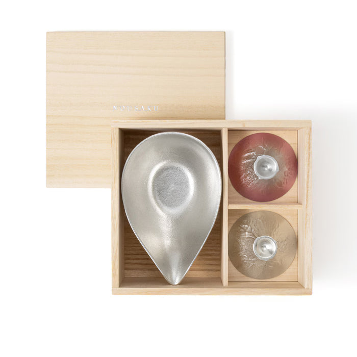 NOUSAKU Sakura Fuji Japanese pure tin sake set with Mt Fuji cups and Katakuchi