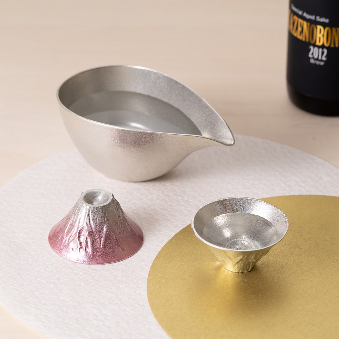 NOUSAKU Sakura Fuji Japanese pure tin sake set with Mt Fuji cups and Katakuchi