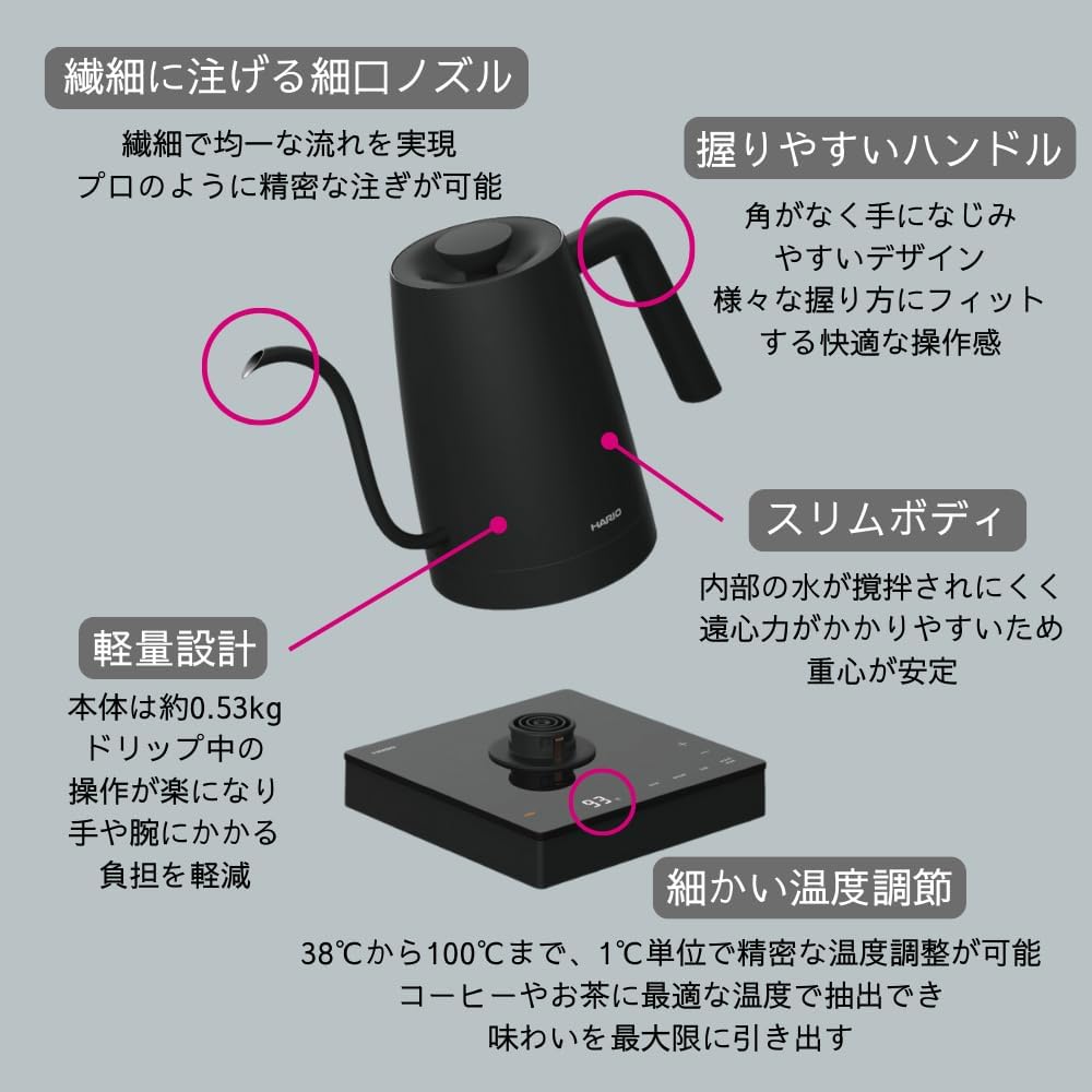 HARIO - Electric Kettle Lyra - Electric Kettle with Temperature Control, Keep Warm Function, Lightweight Design, Maximum Capacity 800mL