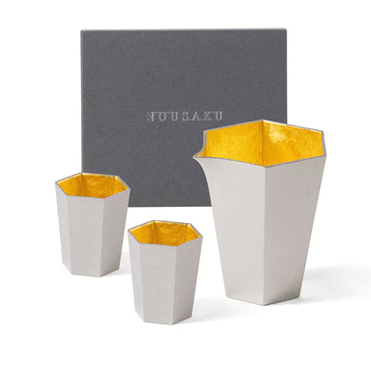 NOUSAKU Roku Gold Leaf Japanese pure tin sake set with Katakuchi and two Guinomi cups