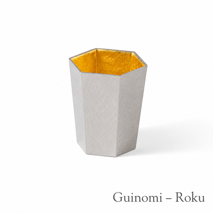 NOUSAKU Roku Gold Leaf Japanese pure tin sake set with Katakuchi and two Guinomi cups