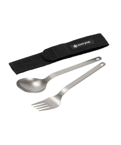 Snow Peak Wapper titanium spoon and fork set with black storage case