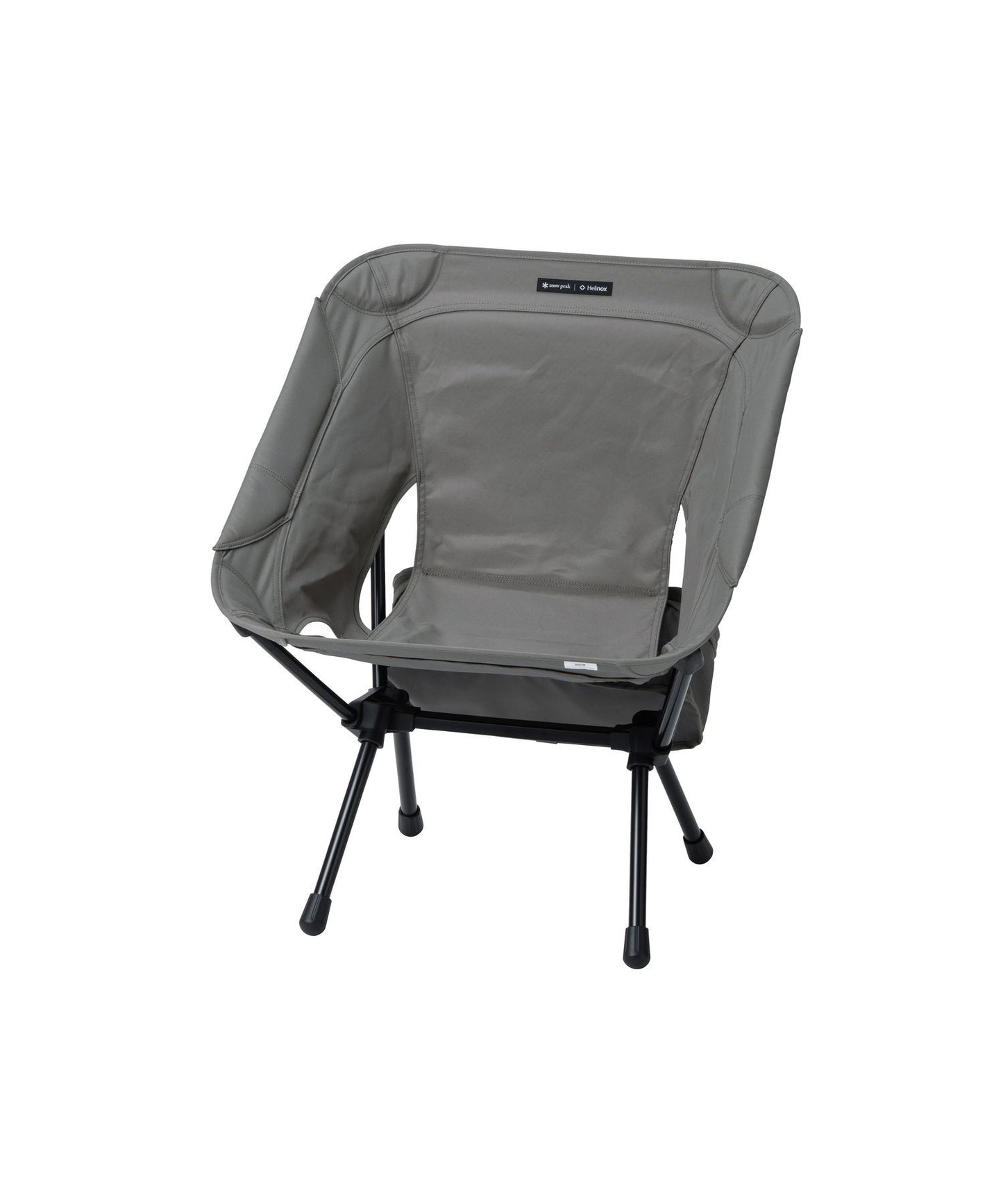Snow Peak × Helinox lightweight folding camping chair with black aluminum frame and greige seat