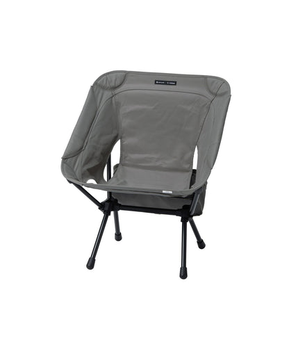 Snow Peak × Helinox lightweight folding camping chair with black aluminum frame and greige seat