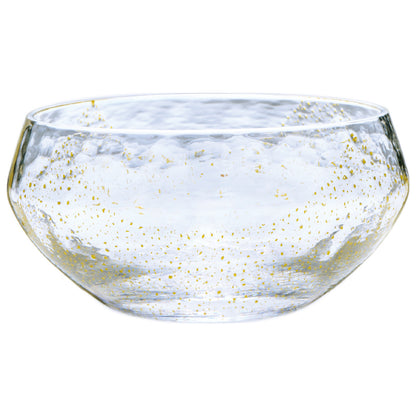 Toyo Sasaki Yachiyo Kiln handmade Edo Glass round cup in clear crystal glass with gold leaf accents, Made in Japan