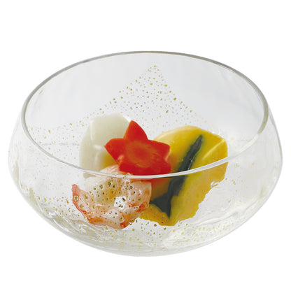 Toyo Sasaki Yachiyo Kiln handmade Edo Glass round cup in clear crystal glass with gold leaf accents, Made in Japan